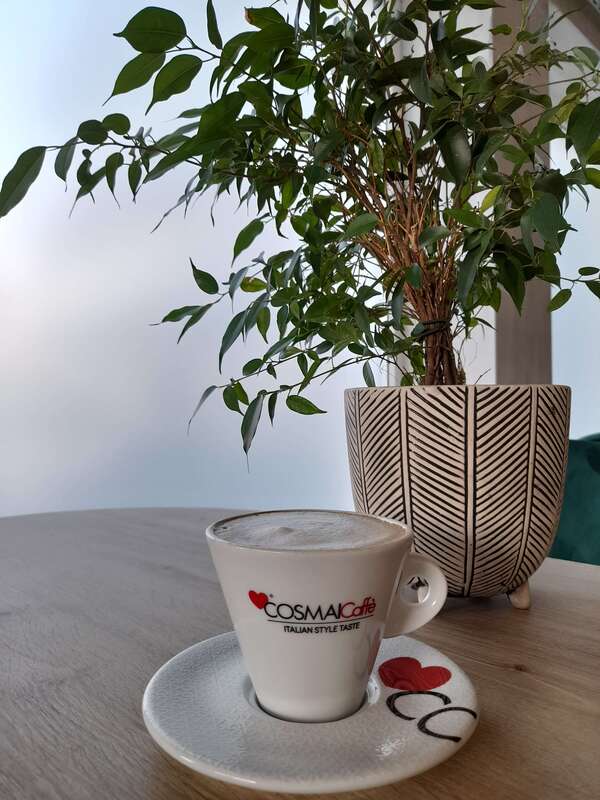 asztalon egy csésze cosmai kávé, háttérben egy dísznövény